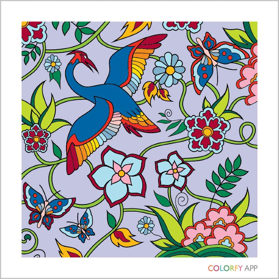 Victoriana garden scene featuring a bird, some butterflies and flowers with vines